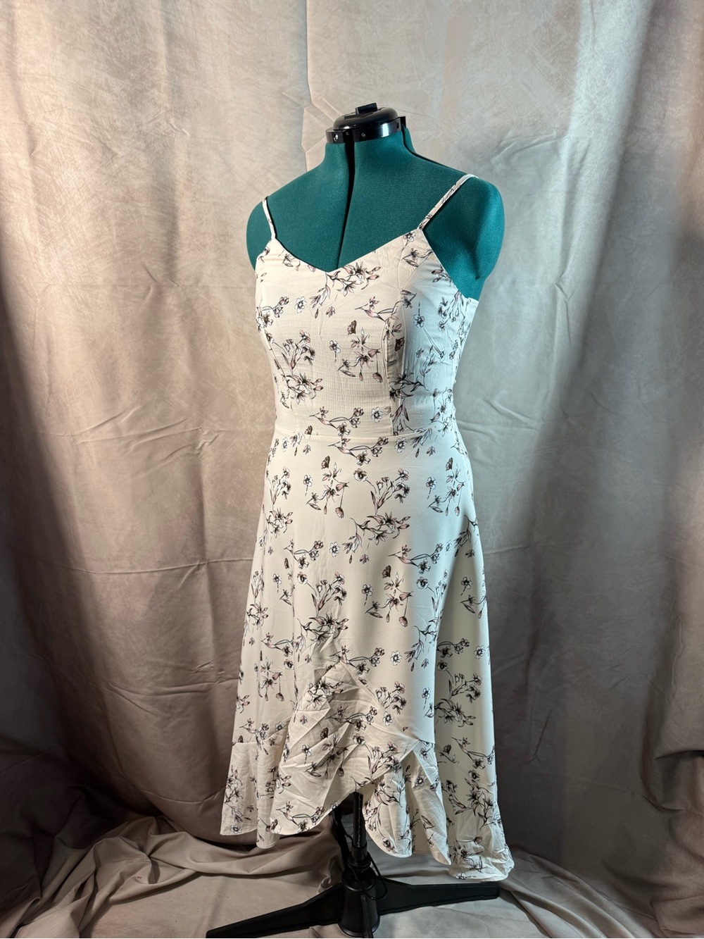 04-Cream Floral Spaghetti-Strap Midi Dress